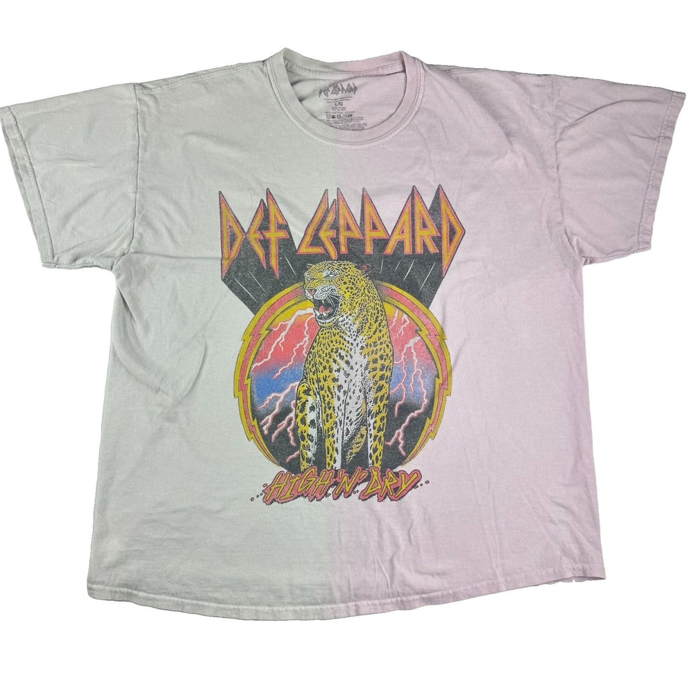 Def Leppard Graphic Tee Large Pink White Split Dye Leopard Rock High N Dry Shirt